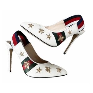 Gucci Sylvie Web Bee Star Slingback Embroidered Leather Pumps Cream 40/ 10